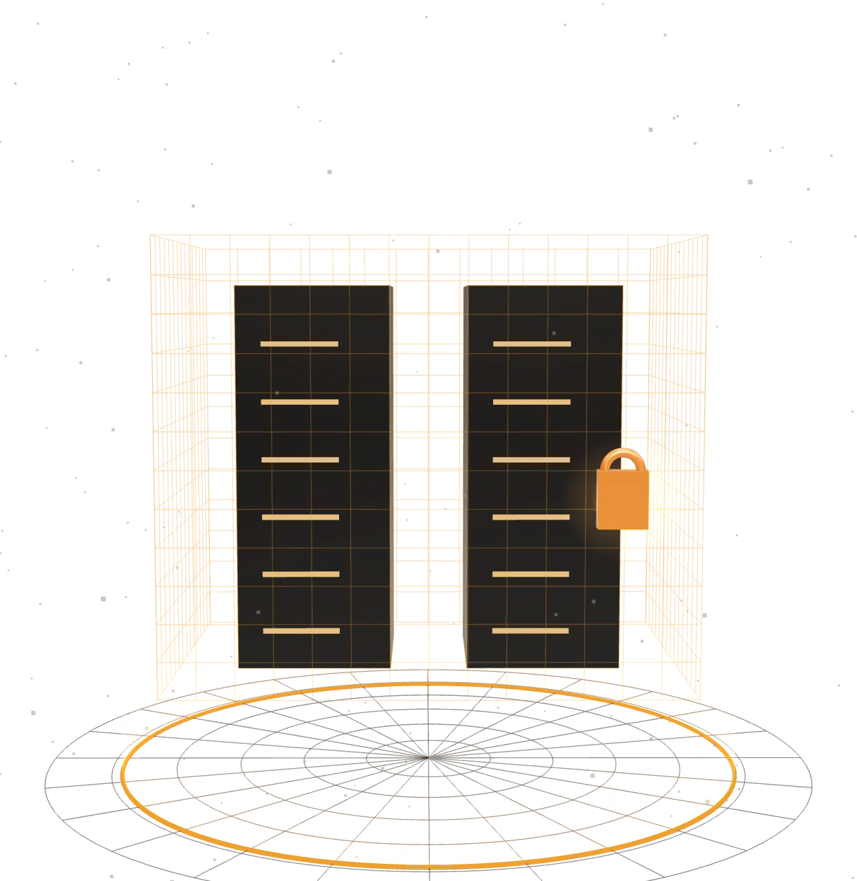 3D illustration of private cage colocation: server racks enclosed by a locked cage inside a data center