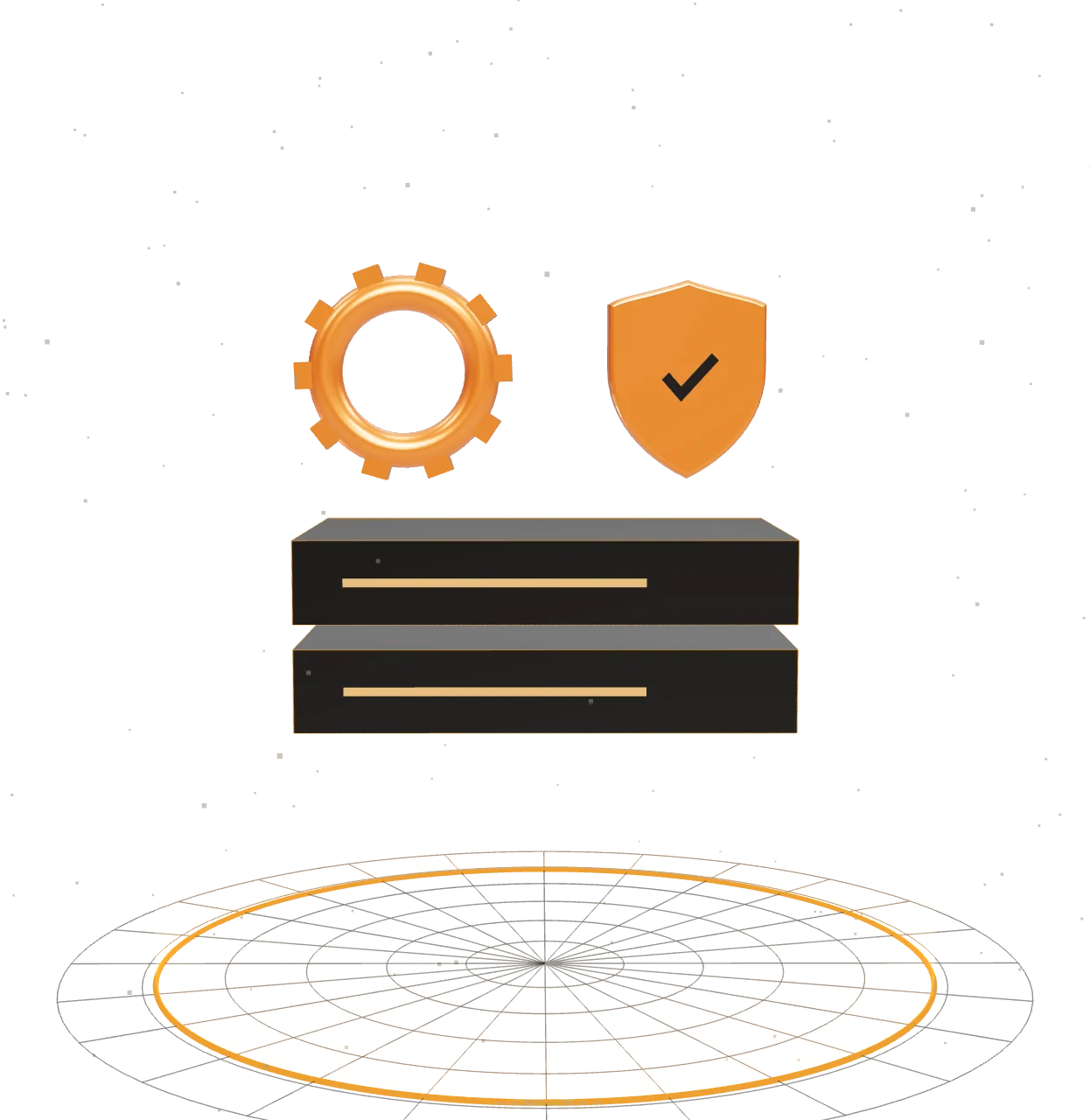 Yönetilen hosting için izleme ekranları ve güvenlik kalkanıyla çevrili sunucu rafının 3D illüstrasyonu